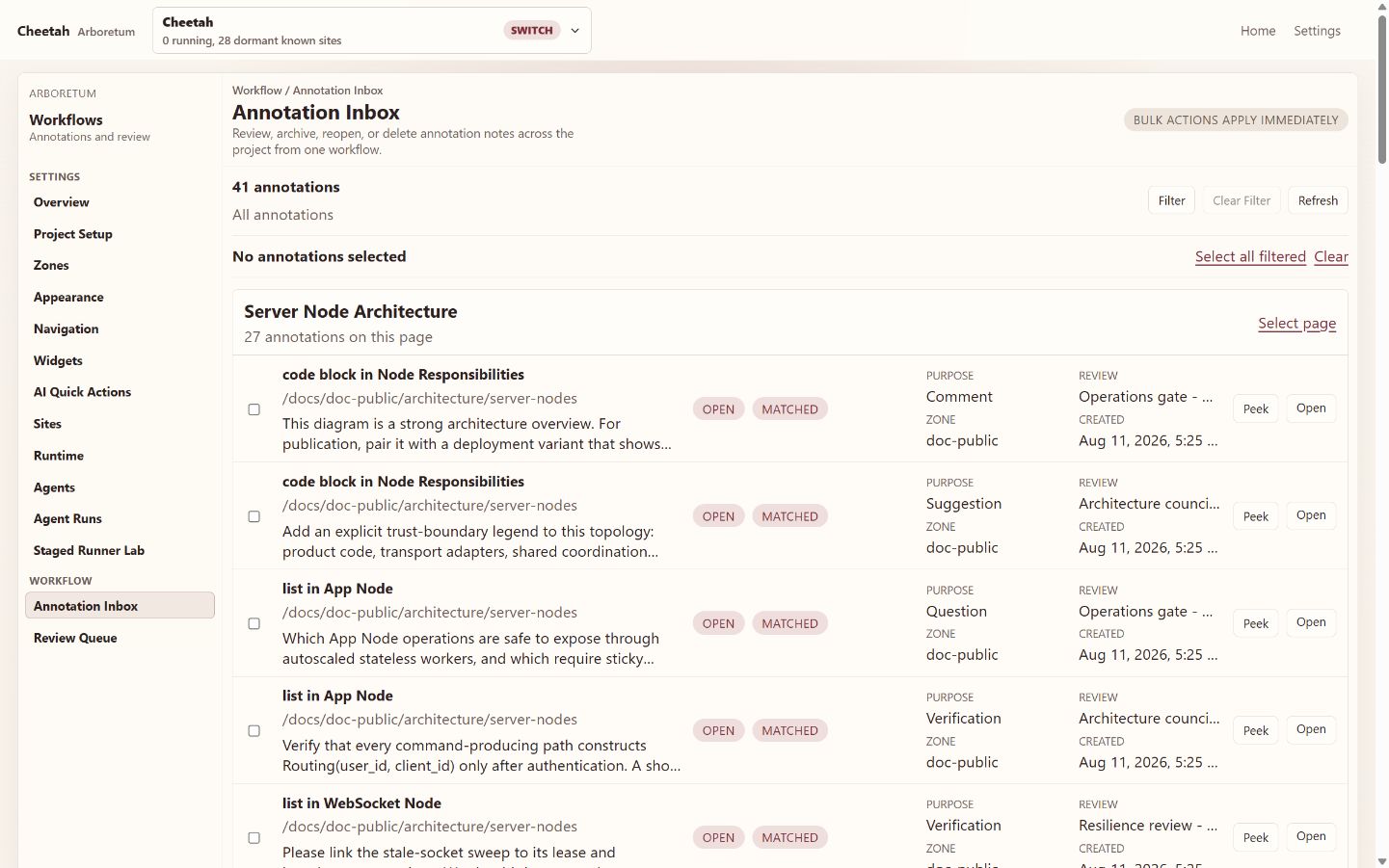 An annotation inbox listing forty-one notes grouped by page, each with its purpose, standing, zone and the named review it belongs to