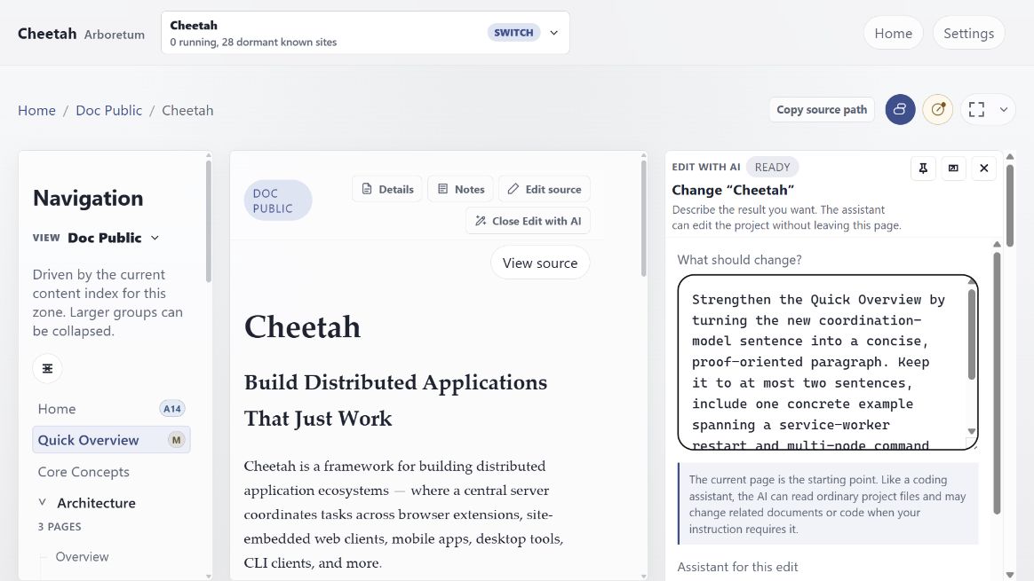 An edit request panel with a scoped instruction typed out and OpenAI Codex selected as the assistant for the edit