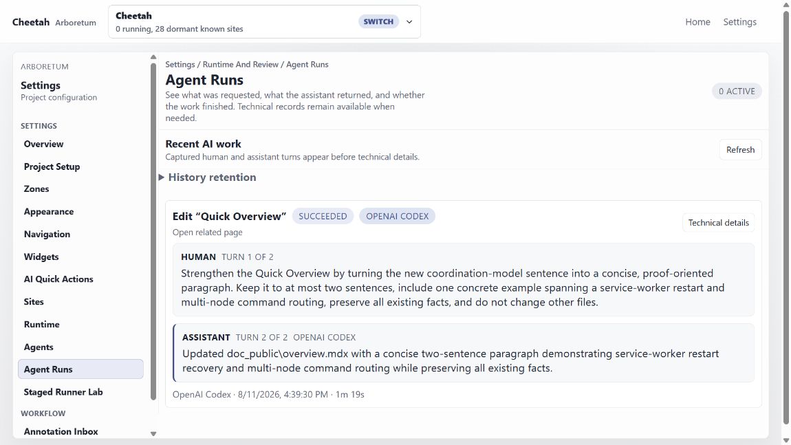 An agent run history entry showing the human instruction and the assistant's reply for a completed page edit, marked succeeded