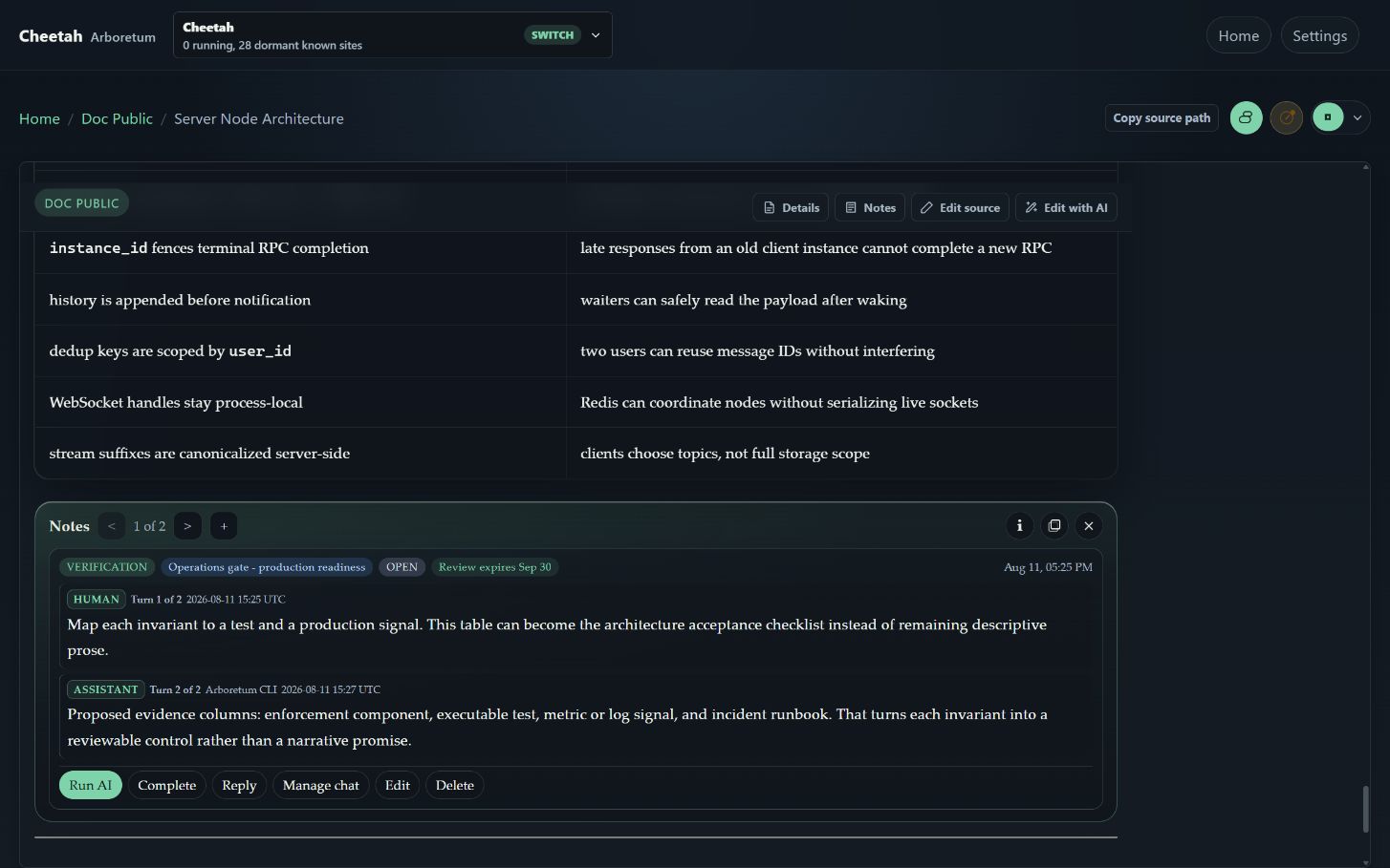 The same architecture review in a dark theme, showing a correctness-invariant table above a two-turn discussion