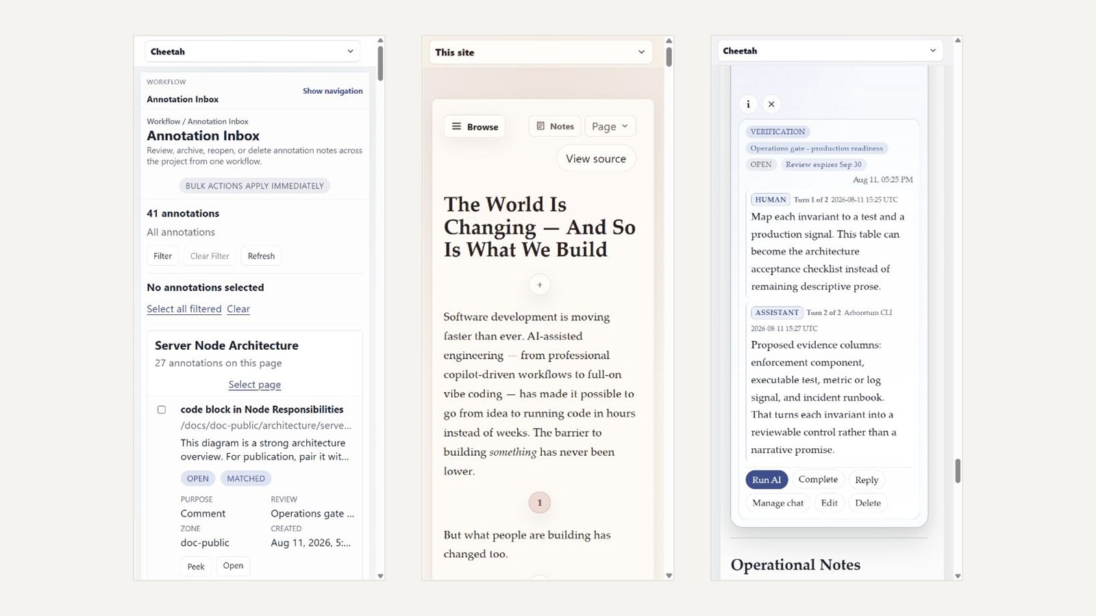 Three phone-width views side by side: the annotation inbox, an annotated document, and a two-turn discussion with its workflow actions
