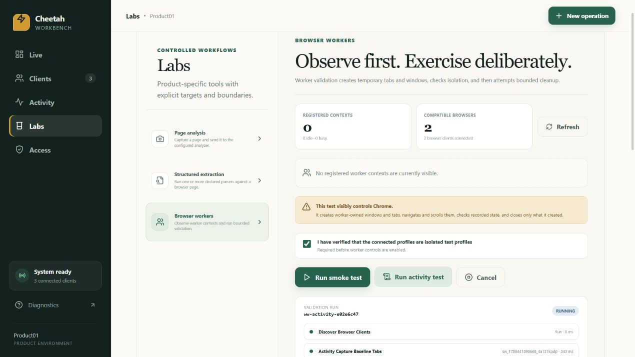 The Labs browser-worker panel with an isolation warning, a ticked confirmation that the connected profiles are isolated test profiles, and a validation run in progress
