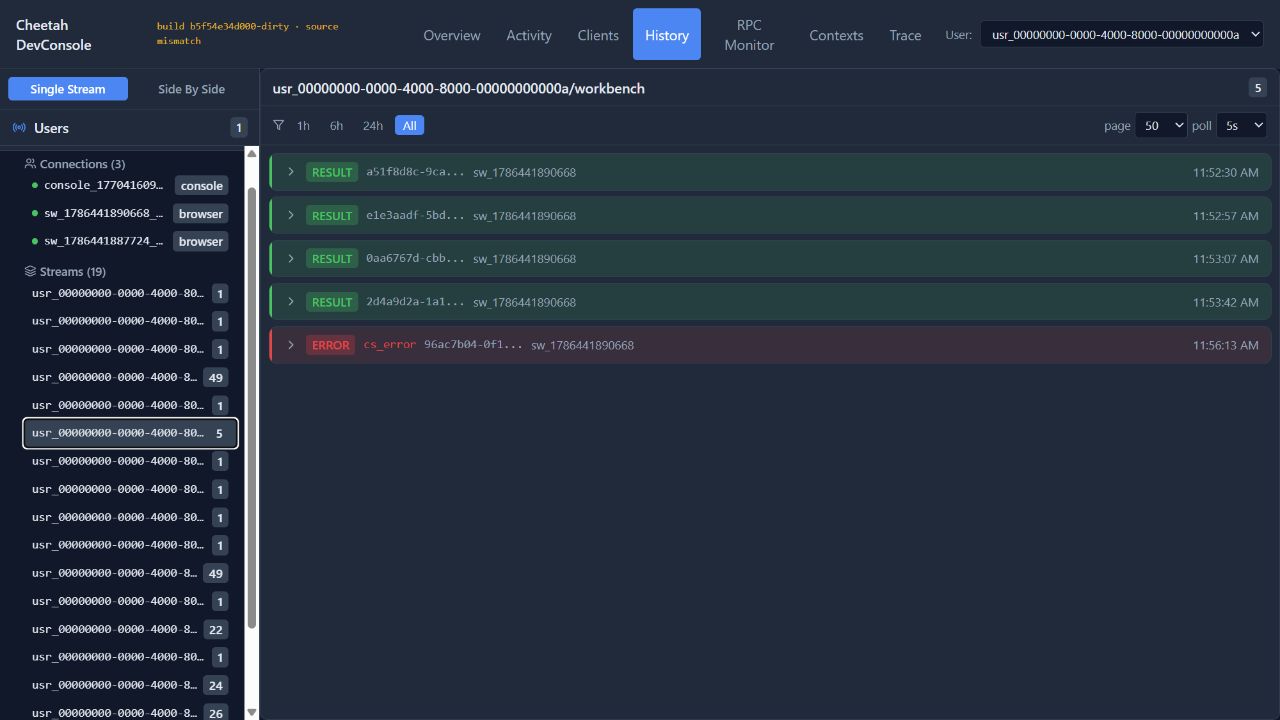 A Redis-backed history stream listing four returned results and one error, with the stream inventory beside it