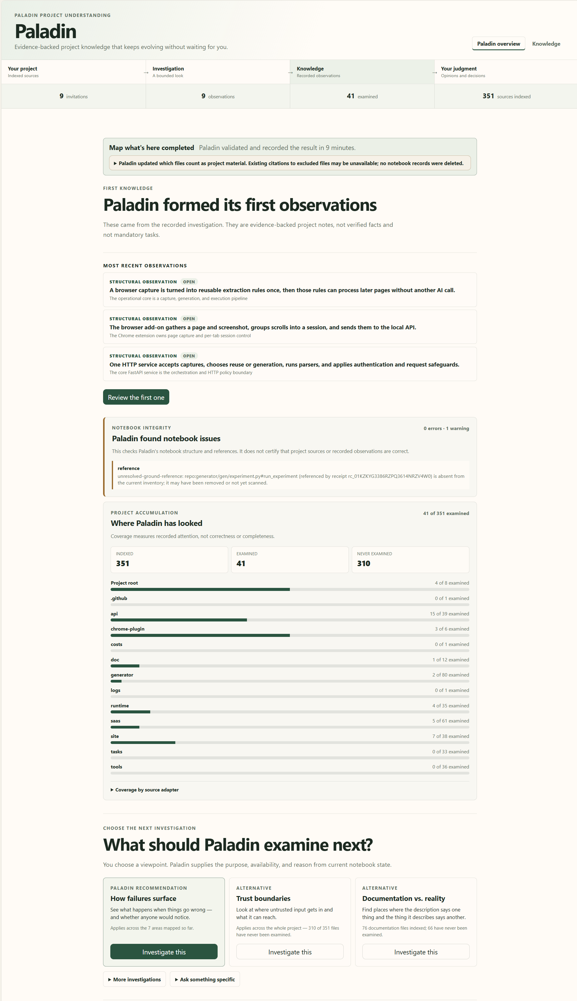 Results showing nine recorded observations, notebook integrity with one warning, per-folder coverage bars reading 41 of 351 sources examined, and three proposed next investigations
